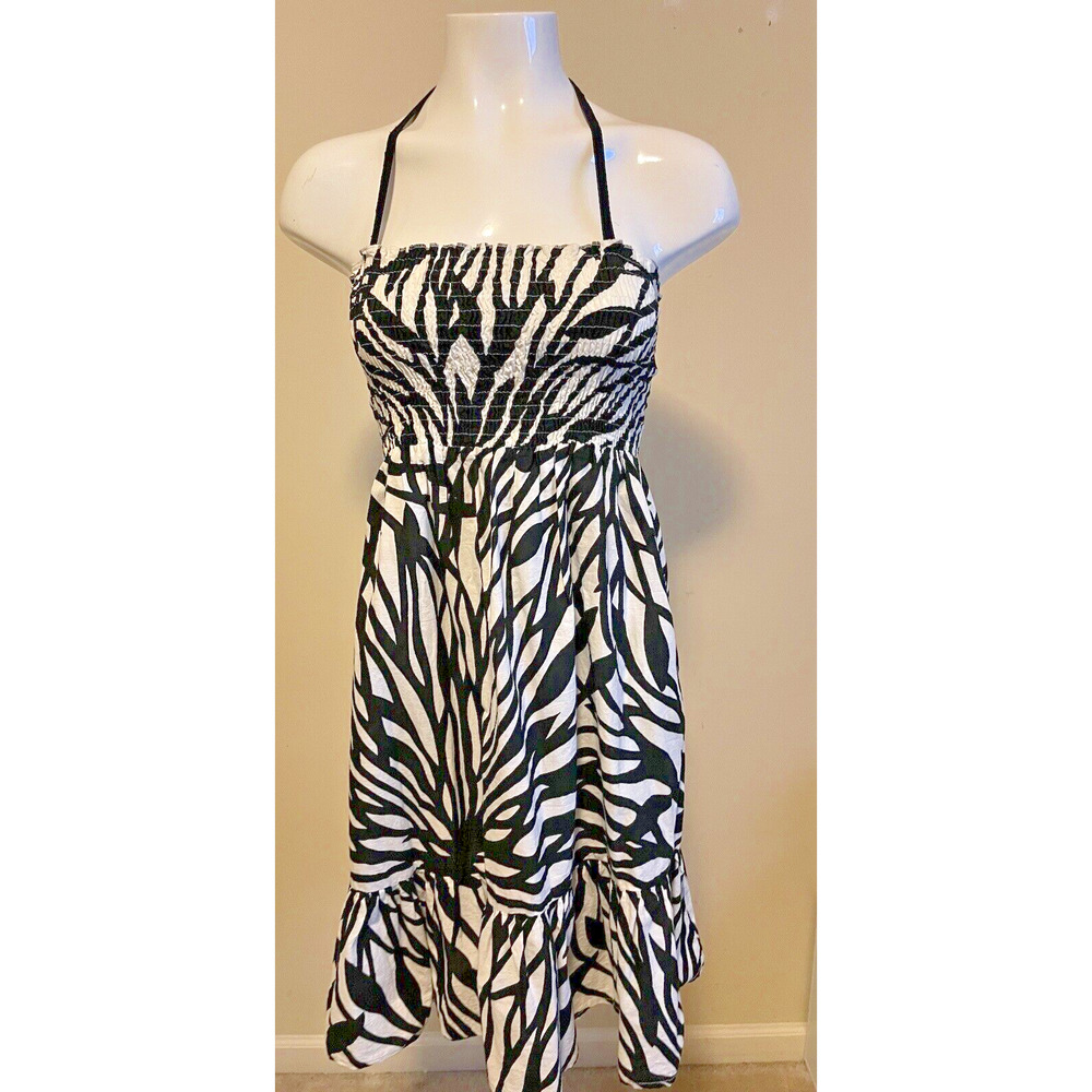 Vintage CZ Cover Ups Dress S Wht/Blk Zebra Smocked Size Small Y2K 90s Neck Strap